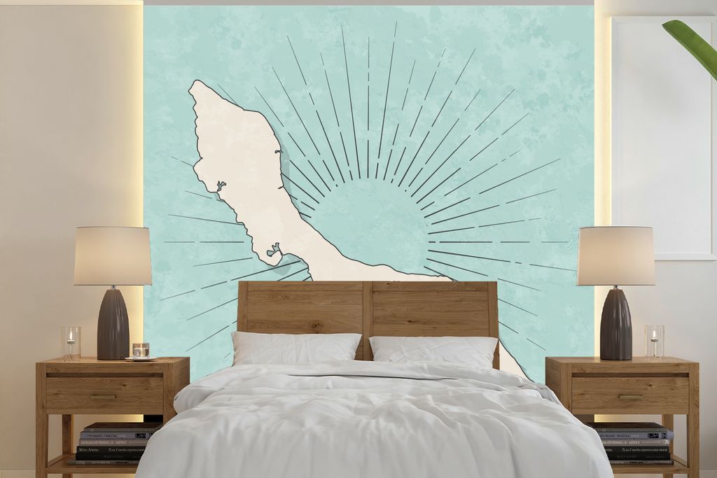 MuchoWow Fototapete für Wohnzimmer oder Schlafzimmer Wandtapete Vinyl Motivtapete Eine Illustration von Curacao auf blauem Hintergrund mit Strei...