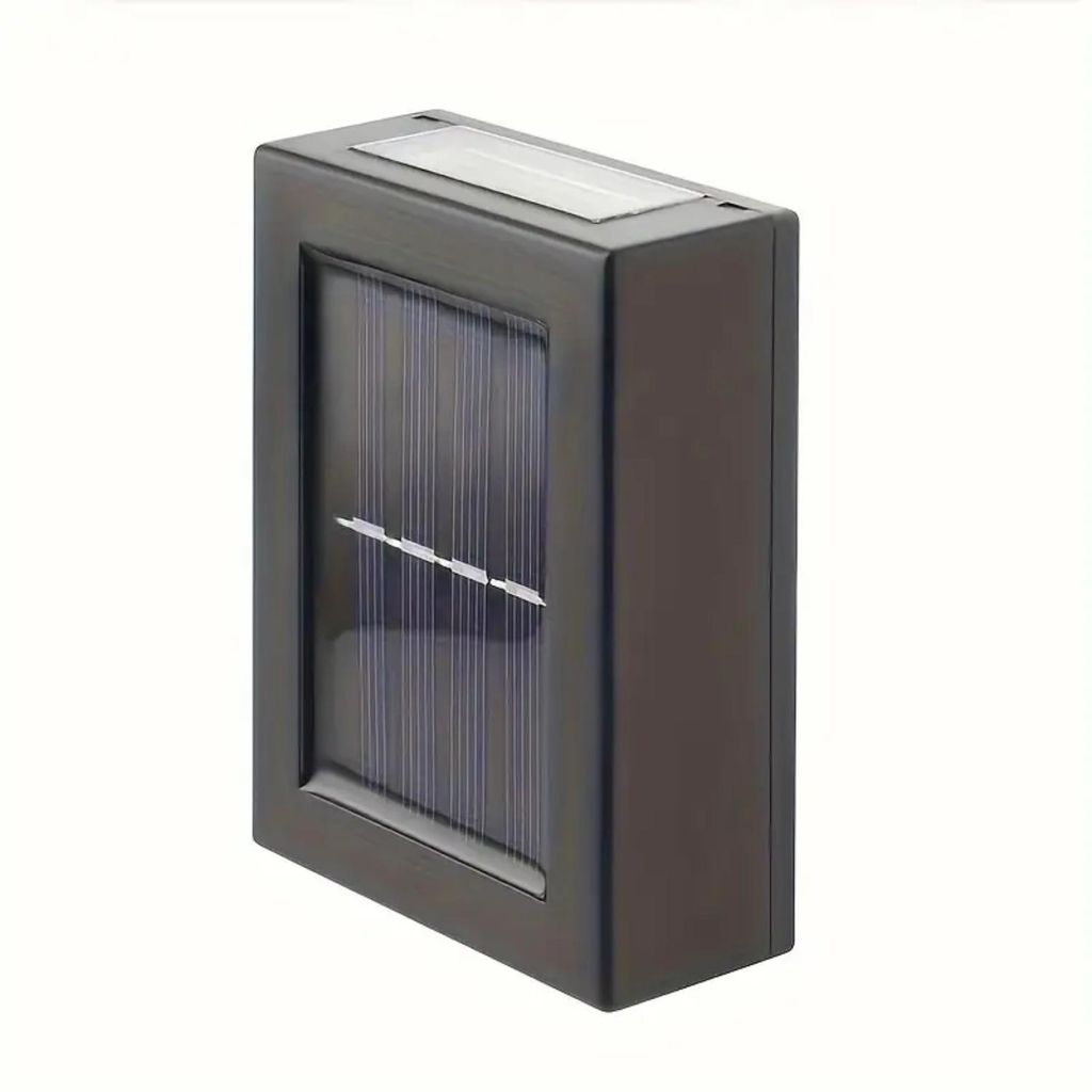 A solar-powered outdoor light fixture with a dark frame and a solar panel on top and front.