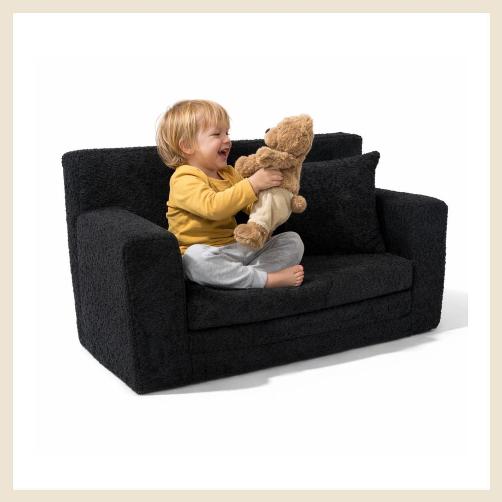 Kindersofa aus Schaumstoff in Schwarz ausklappbar und bequem, stilvolles Polstersofa für Kinderzimmer zum Sitzen, Lesen und Entspannen