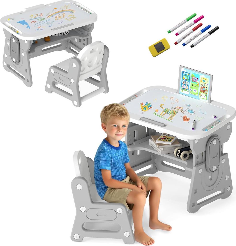 GOPLUS Kindertisch mit Stuhl, höhenverstellbare Kindersitzgruppe mit neigbarem Whiteboard, Tablethalter, Basteltisch für Kinder ab 3 Jahren, Grau