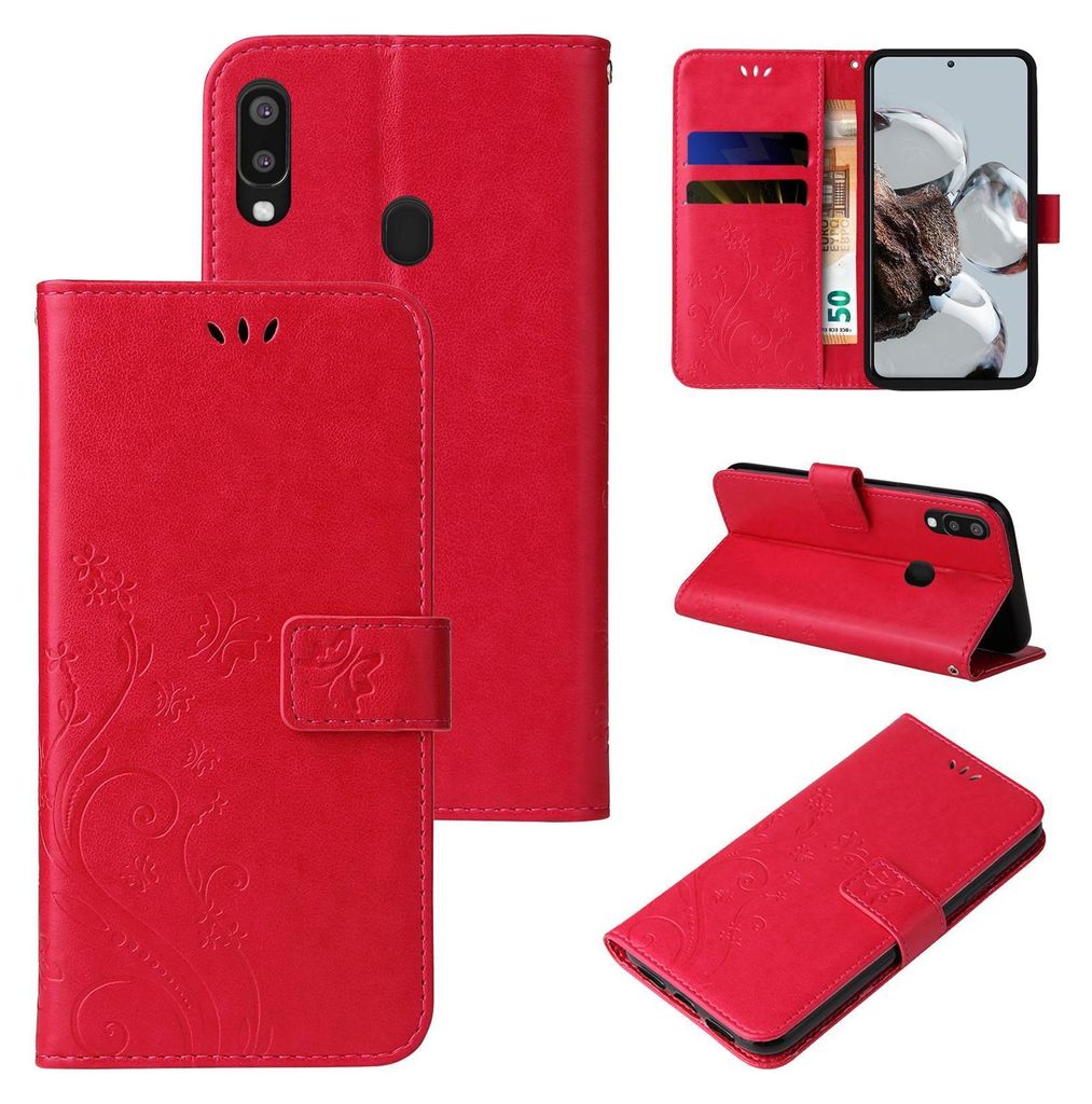 Multiple views of a red flip phone case with floral embossed design.