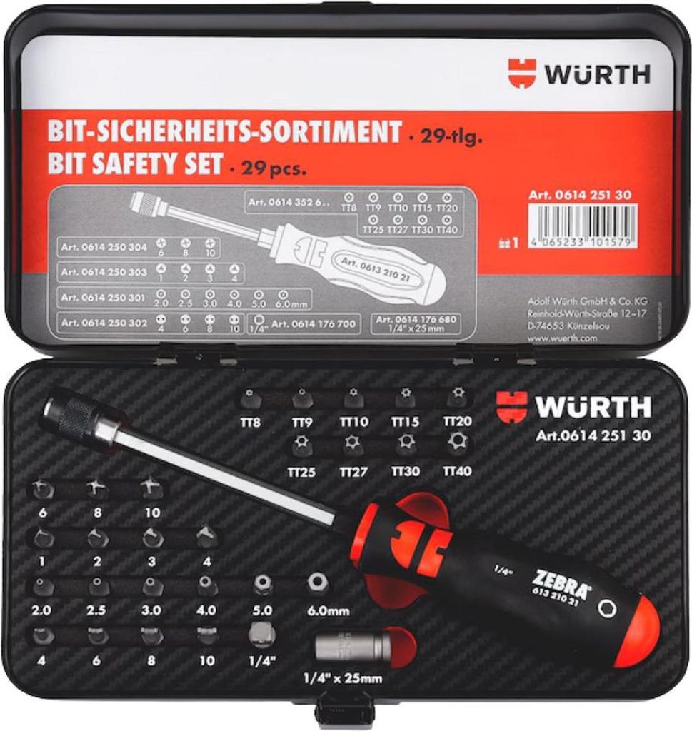 Würth Sicherheits Bit-Sortiment Kasten 29-teilig mit Einlage in attraktiver Carbon-Optik 061425130 Torq, Dreiflügel, TX mit Bohrung, Innensechska...