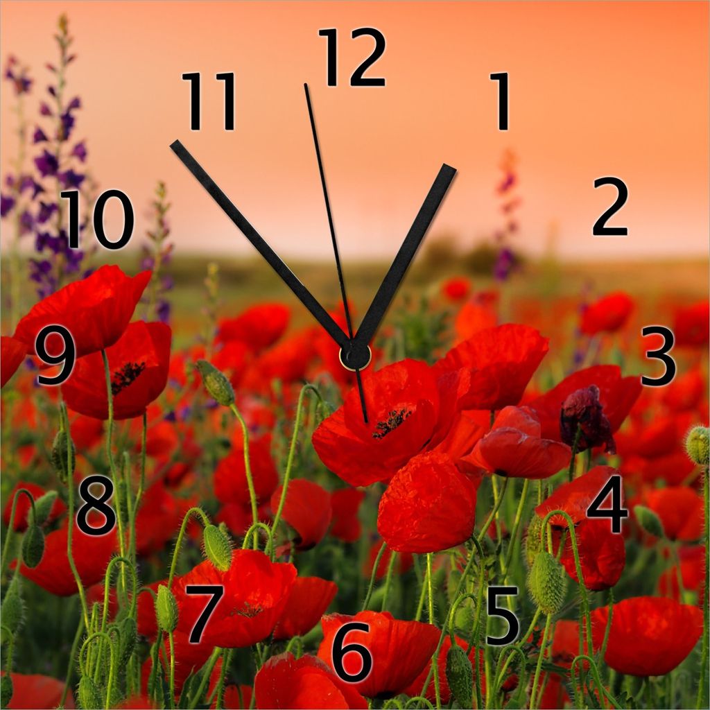 Wallario Design Wanduhr Mohnblumen auf dem Feld aus Echtglas, Größe 30 x 30 cm