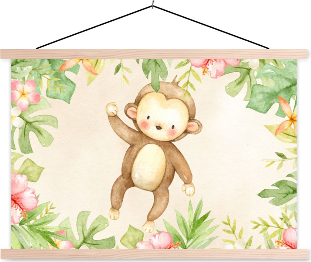 MuchoWow Textilposter Affe - Blumen - Aquarell 120x80 cm mit holzfarbenen Rahmen - Aufhängeset