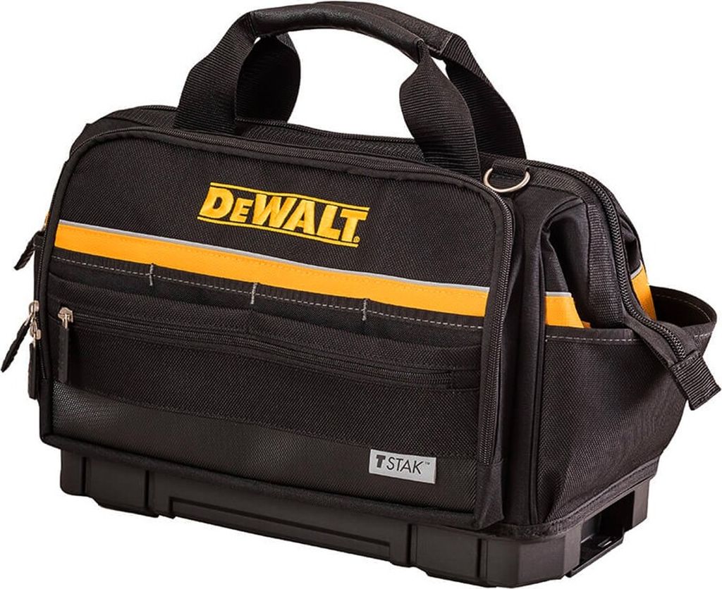 A black DeWalt tool bag with yellow accents and branding.