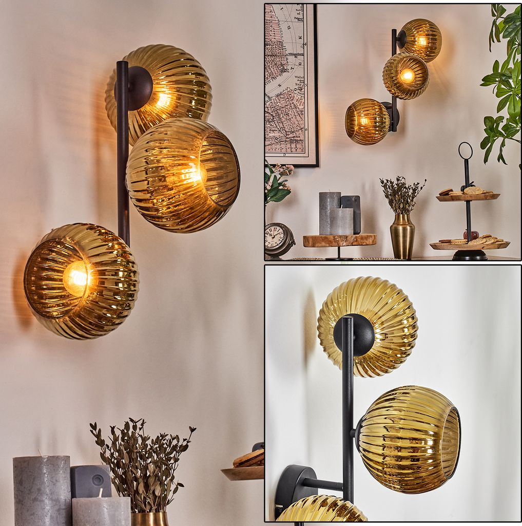 Cesaro Wandlampe aus Metall/Riffelglas in Schwarz/Goldfarben