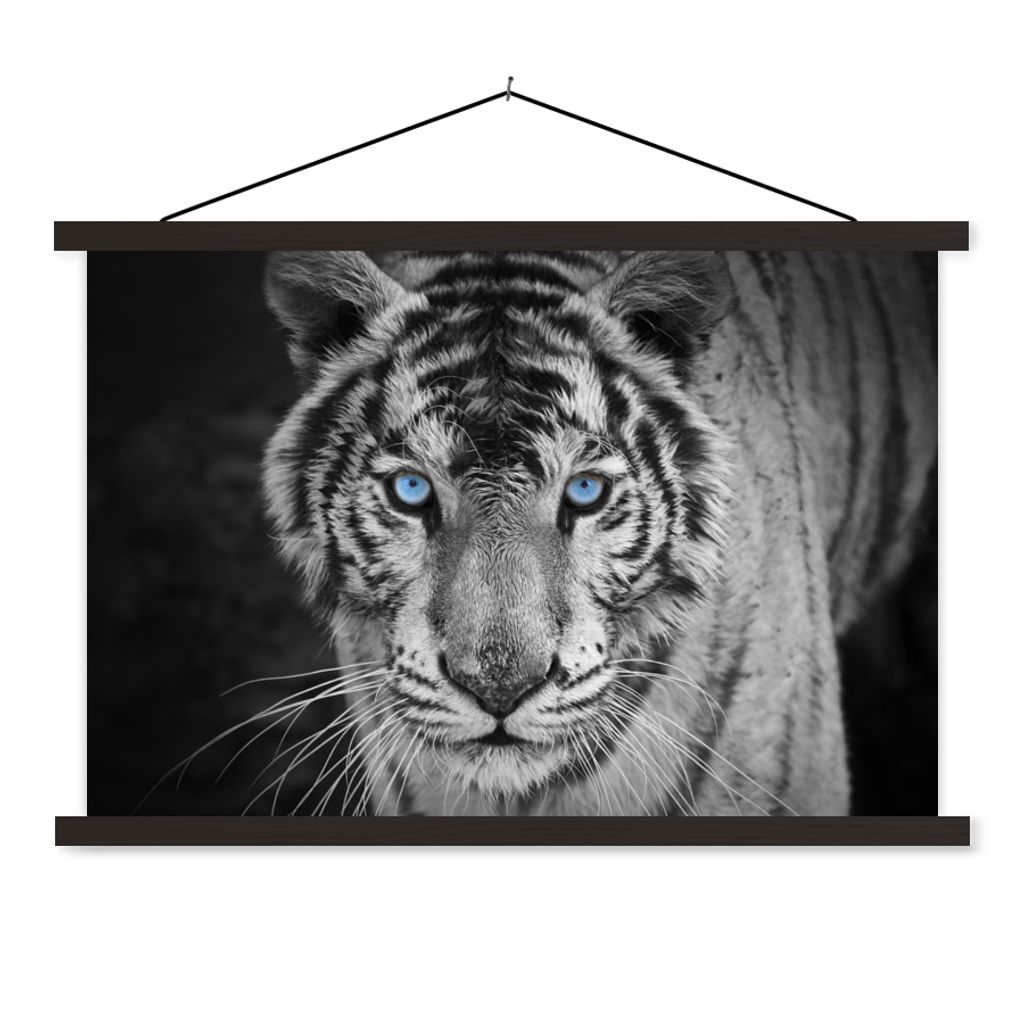 MuchoWow Textilposter Tiere - Tiger - Schwarz und weiß - Augen - Blau 150x100 cm mit schwarzem Rahmen - Schlafzimmer