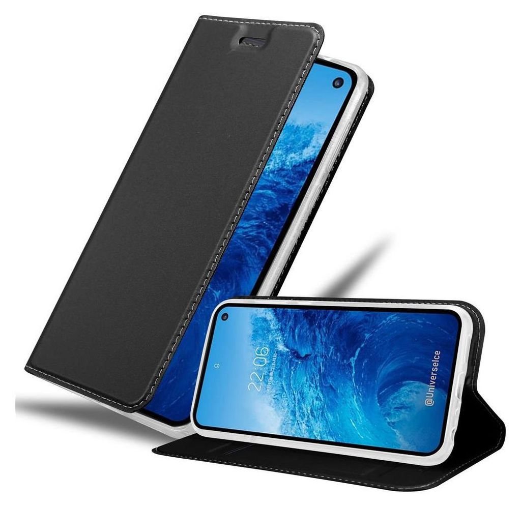 A black flip case for a smartphone is shown open, revealing the phone's screen.