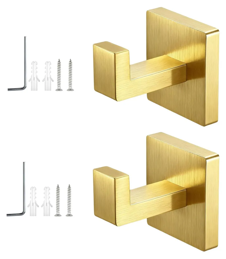 Lot de 2 Crochets Muraux en Acier Inox 304 Or Brossé avec Fixation Carrée