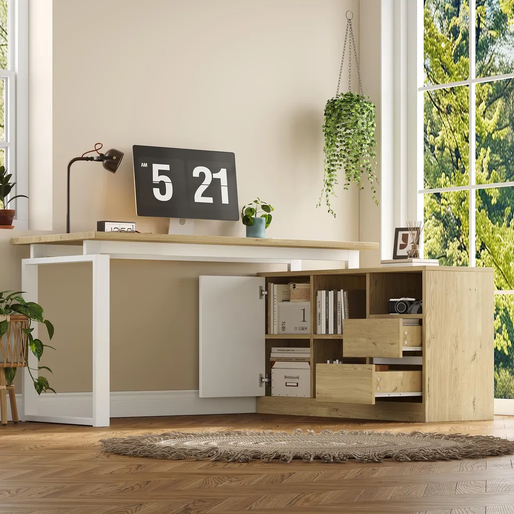 Bureau d'angle avec rangements intégrés, meuble informatique gain de place