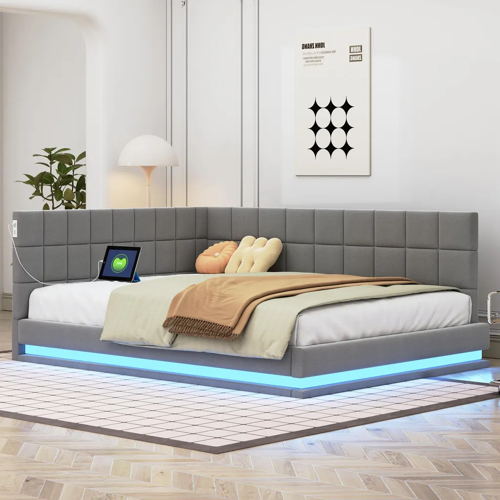 Lit banquette en velours gris 140x200 cm capitonné avec éclairage LED