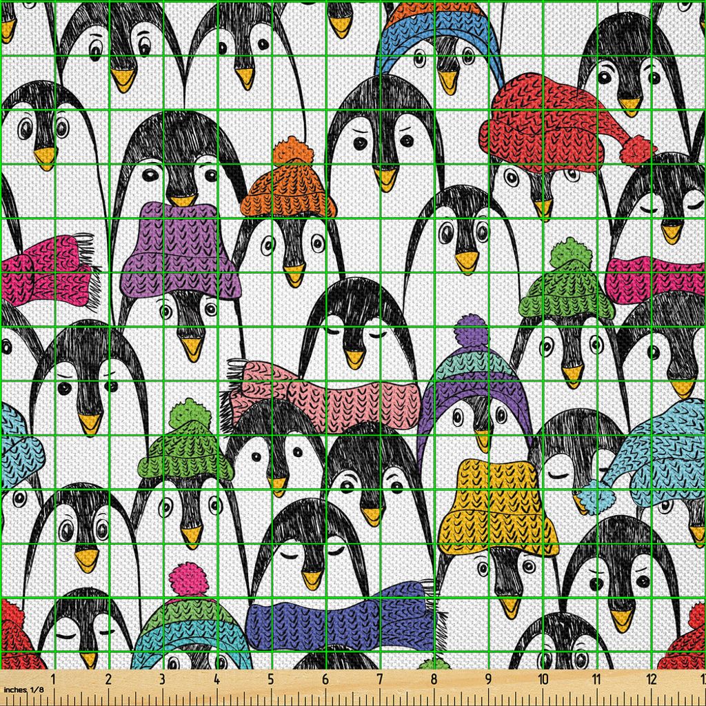 ABAKUHAUS Meerestiere Satin Stoff als Meterware, Arktische Tiere Bunte Hüten Mützen und Schals Kalt Winter Cartoon Skizze Muster, 5 M (148 x 500 ...