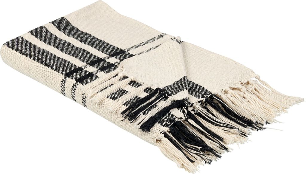 BELIANI Kuscheldecke Cremeweiß und Schwarz Baumwolle 130 x 170 cm Modern mit Fransen Handgewebt Schlafzimmer Accessoire Deko Überwurf Wohndecke