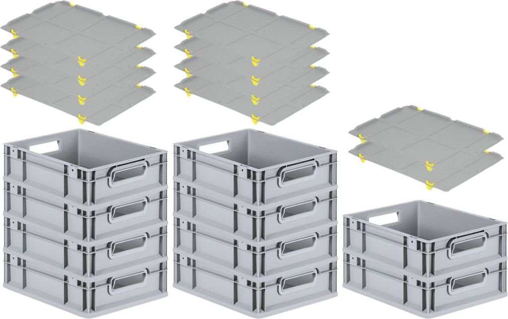 SparSet 10x Eurobox NextGen Economy mit Auflagedeckel und 4x Schiebeschnappverschlüsse Gelb | Griffe offen | HxBxT 12x30x40cm | 11 Liter | Eurobeh...
