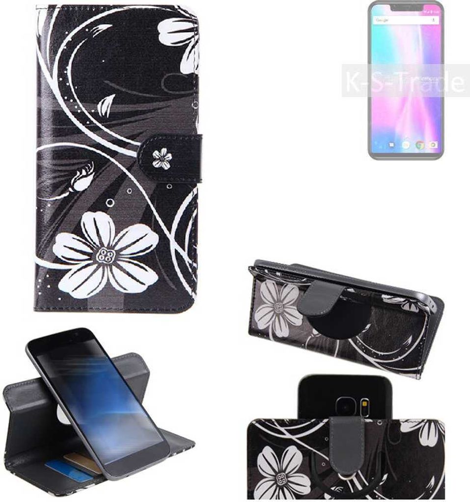 K-S-Trade Schutzhülle Handyhülle kompatibel mit Vernee M7 2018 Hülle 360° Wallet Case ''Flowers'' Klapphülle Hülle schwarz-weiß 1x