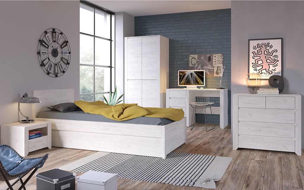 Jugendzimmer Set 5-teilig AMANTEA-129 mit Bett 90x200 in weiß Eiche