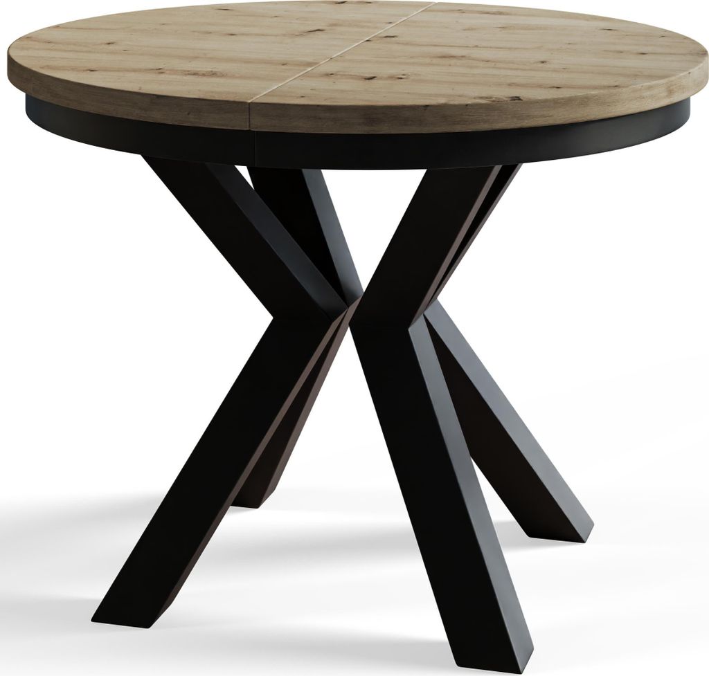 Runder Esszimmertisch LOFT, ausziehbarer Tisch Durchmesser: 120 cm/200 cm, Wohnzimmertisch Farbe: Mattbraun, mit Metallbeinen in Farbe Schwarz