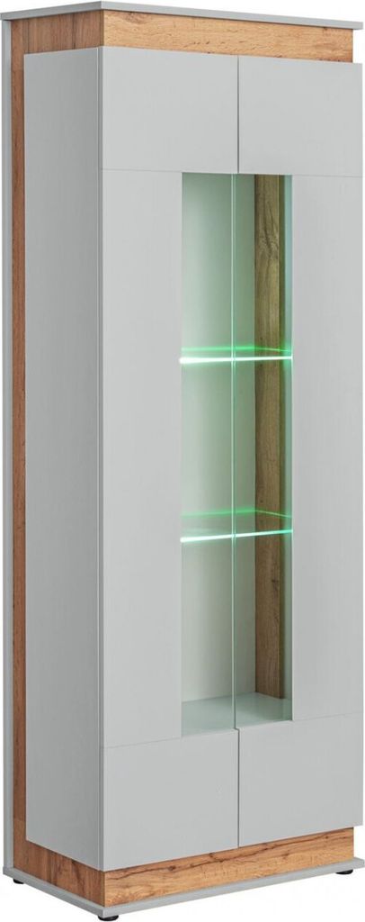 Hohe verglaste Vitrine MIRA – perlgrau / Eiche Artisan