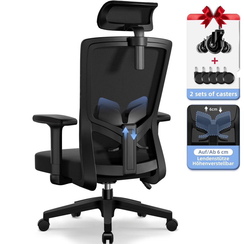 Aiibot Bürostuhl Ergonomisch, Schreibtischstuhl mit Verstellbarer Kopfstütze, Armlehnen, Lendenwirbelstütze, Chefsessel, Drehstuhl, Bürostuhl 1...