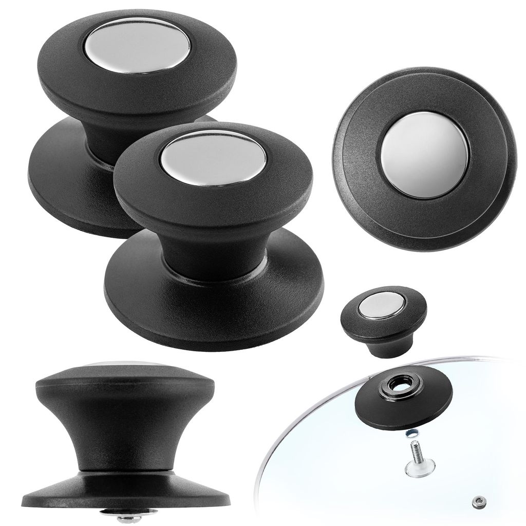 A collection of black pot lid handles with silver accents, displayed against a white background.