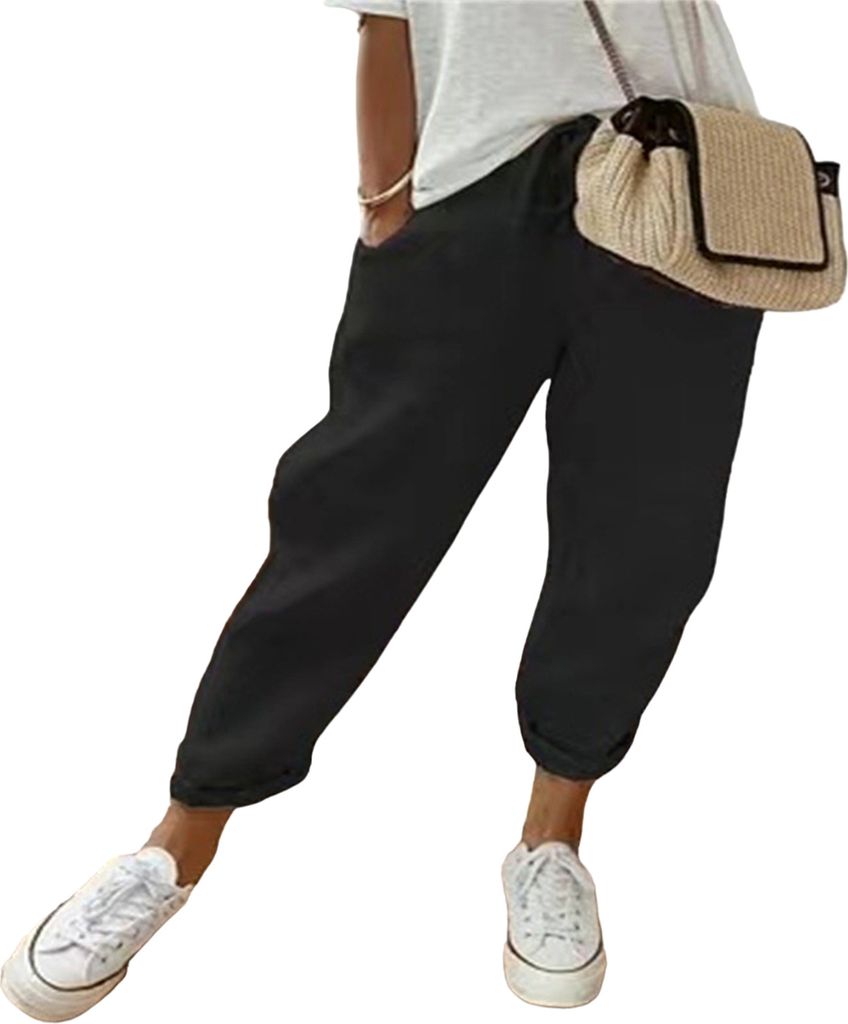 ASKSA Damen Leinenhose Casual Leicht Sommerhose Bequeme Hose Freizeithose Strandhose mit Taschen, Schwarz, Groesse: L