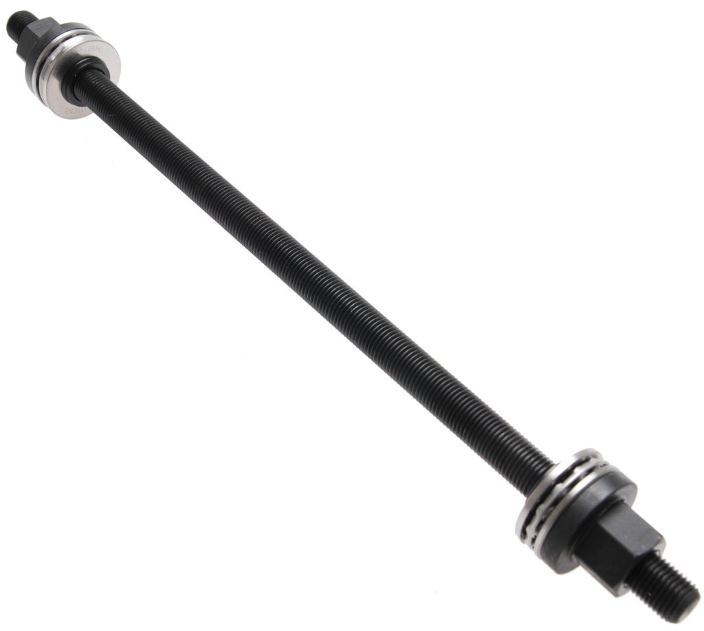 A threaded rod with nuts and washers on either end, isolated on a white background.