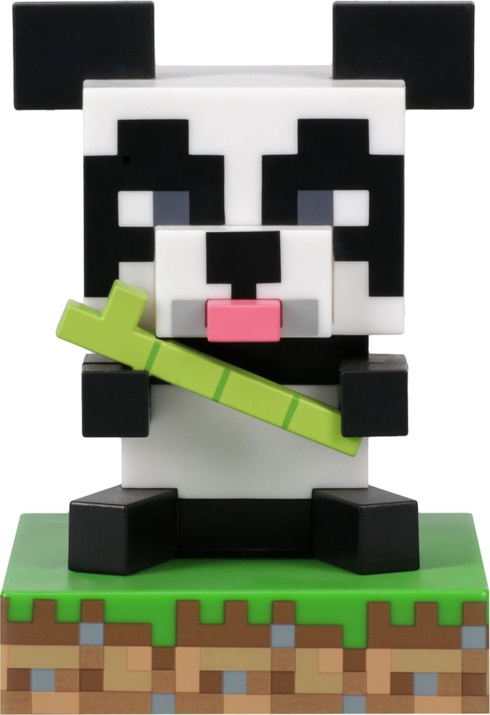 A Minecraft panda figurine holding a bamboo stalk, standing on a grassy and dirt base.