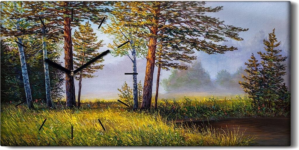 Wohnzimmer-Bild Leinwand Uhr 60x30 Malerei Wald Bäume Gras Blumen Kunst - schwarze Hände