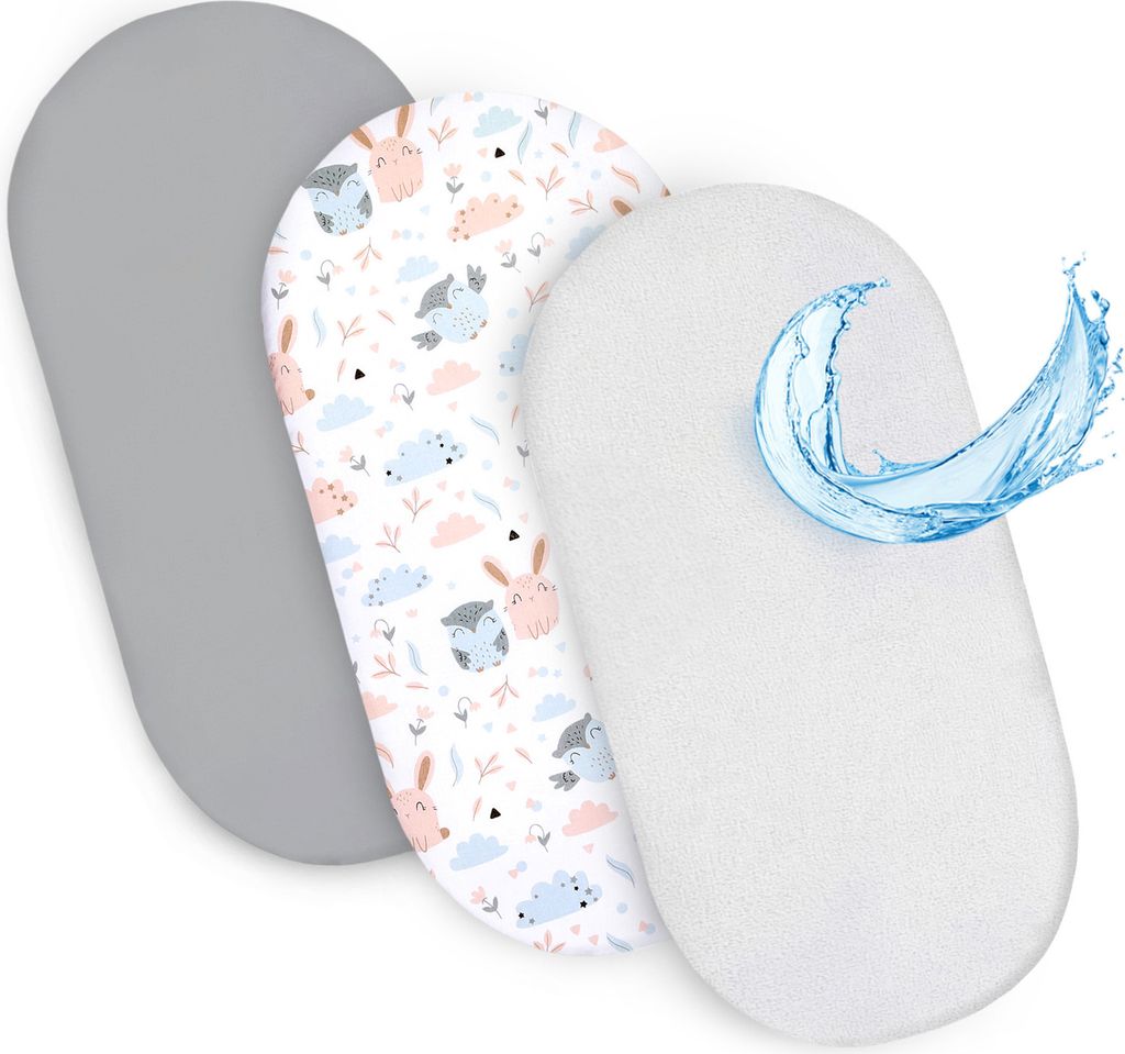 Spannbettlaken Kinderwagen Stubenwagen Set - 2 x Bezug + wasserdicht  Matratzenschoner Matratzenbezug Beistellbett Bettlaken 75 x 35 cm Eulen Grau