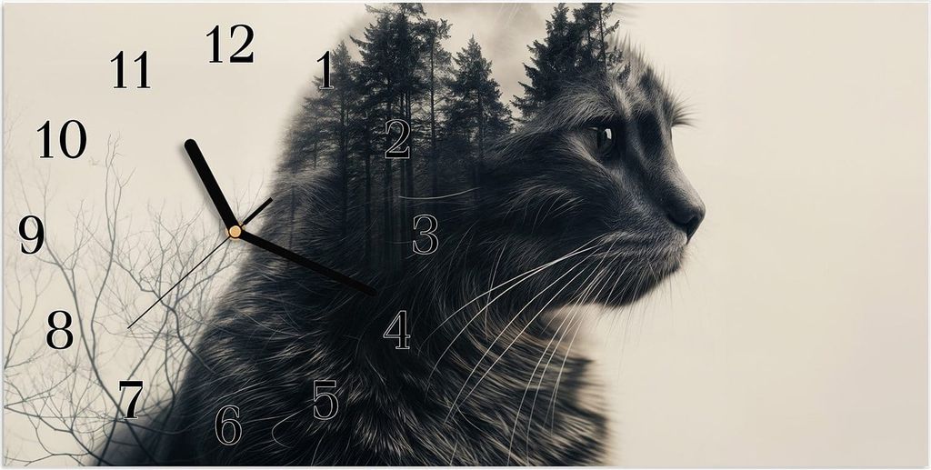 Wanduhr aus Glas mit Motiv Waldkatze- 60 x 30 cm - inkl. Aufhängesystem