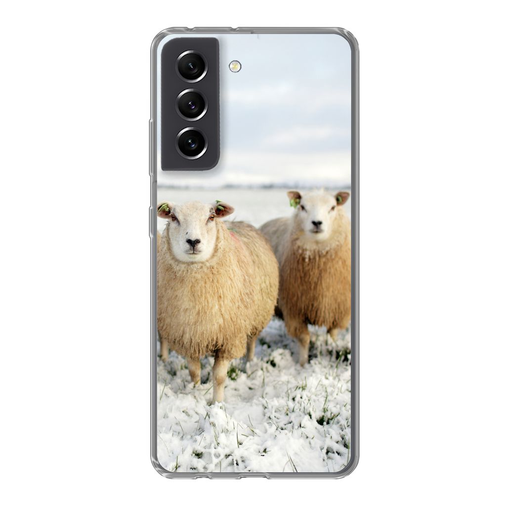 MuchoWow Handyhülle Schutzhülle Hülle für Samsung Galaxy S21 FE Gruppe von neugierigen Schafen Silikon Softcase Handy Hülle - Mobiltelefonh...