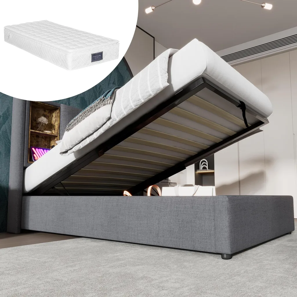 Cadre de lit rembourré 90x200 avec sommier rangement et USB C gris
