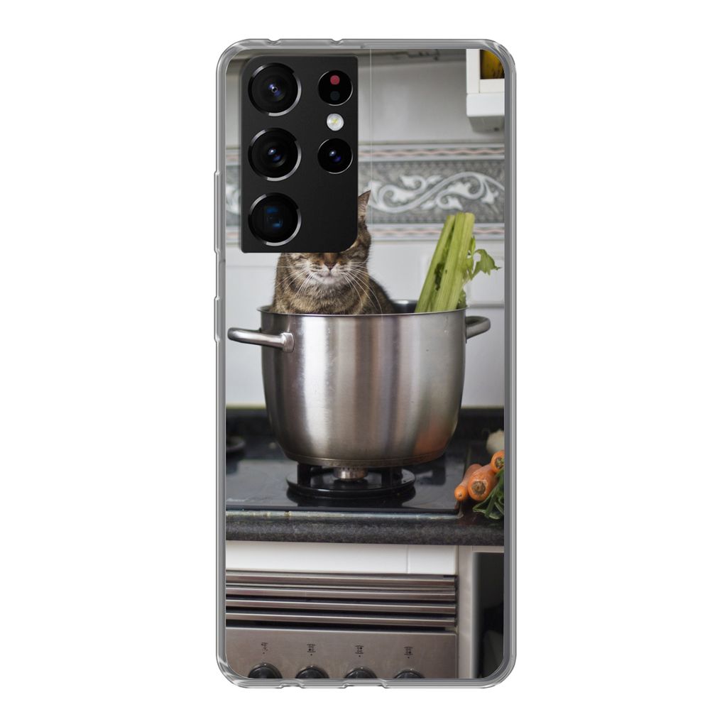 MuchoWow Handyhülle Schutzhülle Hülle für Samsung Galaxy S21 Ultra Katze - Pfanne - Küche Silikon Softcase Handy Hülle - Mobiltelefon
