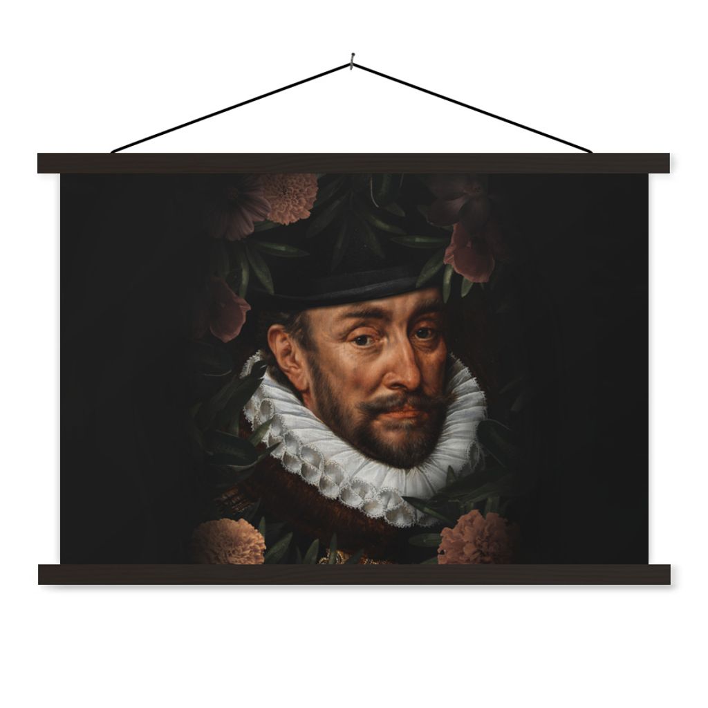 MuchoWow Textilposter Wilhelm von Oranien - Adriaen Thomasz - Blumen 60x40 cm mit schwarzem Rahmen - Hölzernes