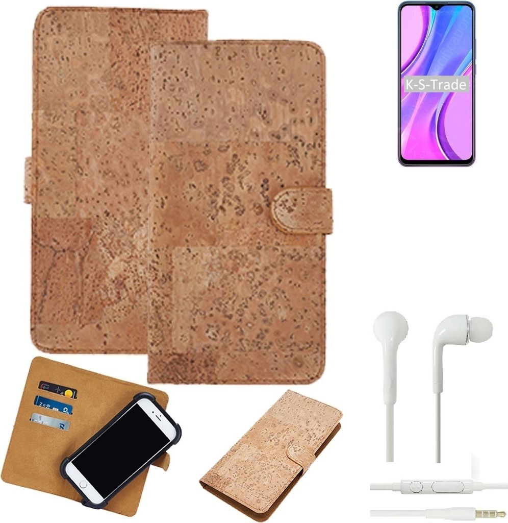 K-S-Trade Hülle kompatibel mit Xiaomi Redmi 9 + in ear Kopfhörer Kork Handyhülle Cover Schutzhülle TPU Case Bumper in Hellbraun, (1x)