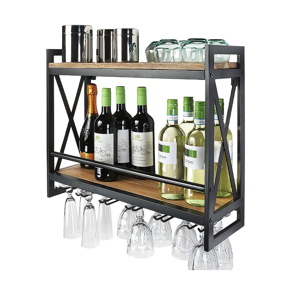 Kobolo Weinregal Wandregal - ACOLON - aus Metall und Mangoholz 60x20x54 - Flaschenhalter - Hängeregal Barregal Flaschenregal Flaschen Weinhalter