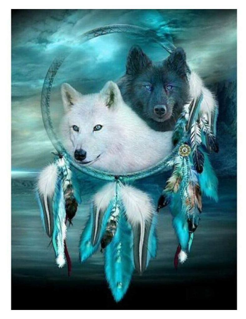 DIY Diamond Painting Werkzeug Set Kreuzstich Stickerei Malerei Zubehör für Erwachsene/Kinder,schwarz,weiß, Dunkelgrün,Traumfänger Wolf Diamant Gemälde Leinwandgröße: 30x40cm