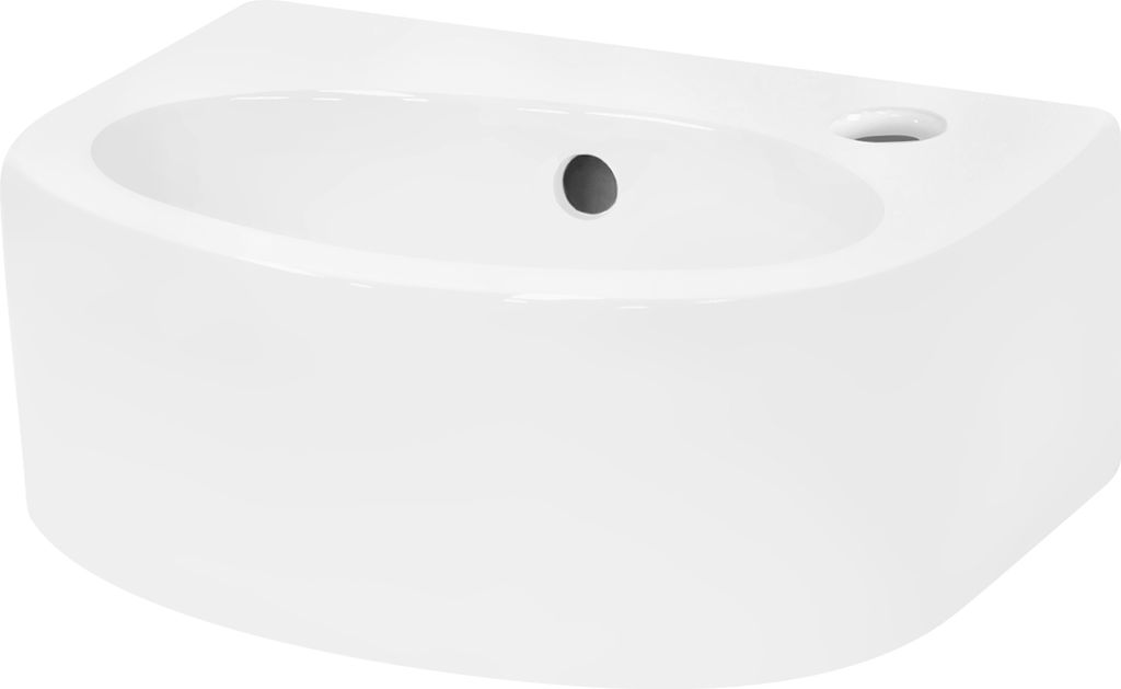 A white ceramic washbasin is shown from a slightly elevated angle against a white background.