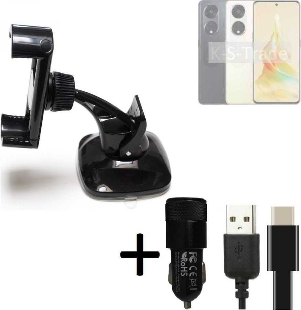 K-S-Trade Handy-Halterung kompatibel mit Oppo Reno8 T Windschutzscheibe / Armaturenbrett + LADEGERÄT mit Mico USB Kabel Autohalterung