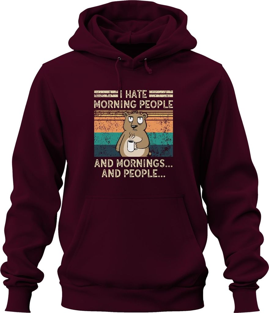 Hate Morning People Mornings And People Kaffee Bär Vintage Grunge Uni Hoodie Kapuzenpullover, Burgundy, S