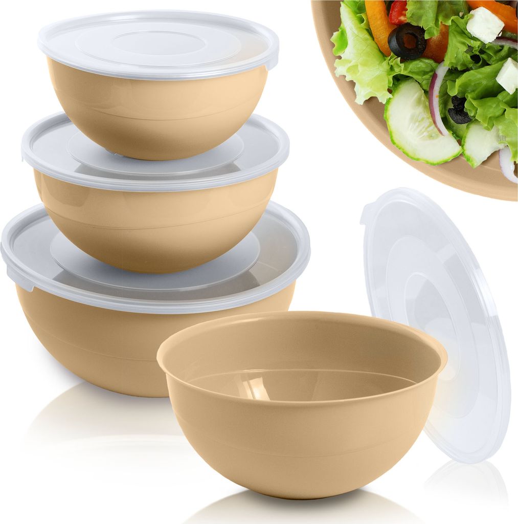3-Teiliges Kunststoffschüssel Mit Deckel Rührschüssel 2/3/5L Schale Salatschüssel Beige