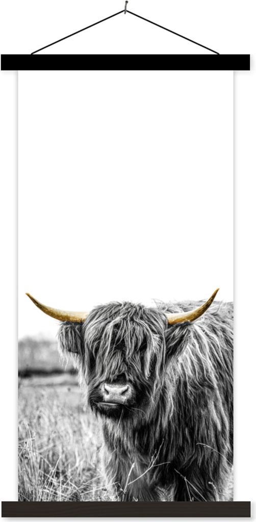 MuchoWow Textilposter Schottisches Hochlandrind - Gold - Schwarz - Weiß 40x80 cm mit schwarzem Rahmen - Wandemalerei