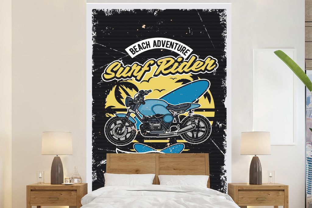 MuchoWow Fototapete für Wohnzimmer oder Schlafzimmer Wandtapete Vinyl Motivtapete Jahrgang - Motorrad - Design - 155x240 cm - Tapete