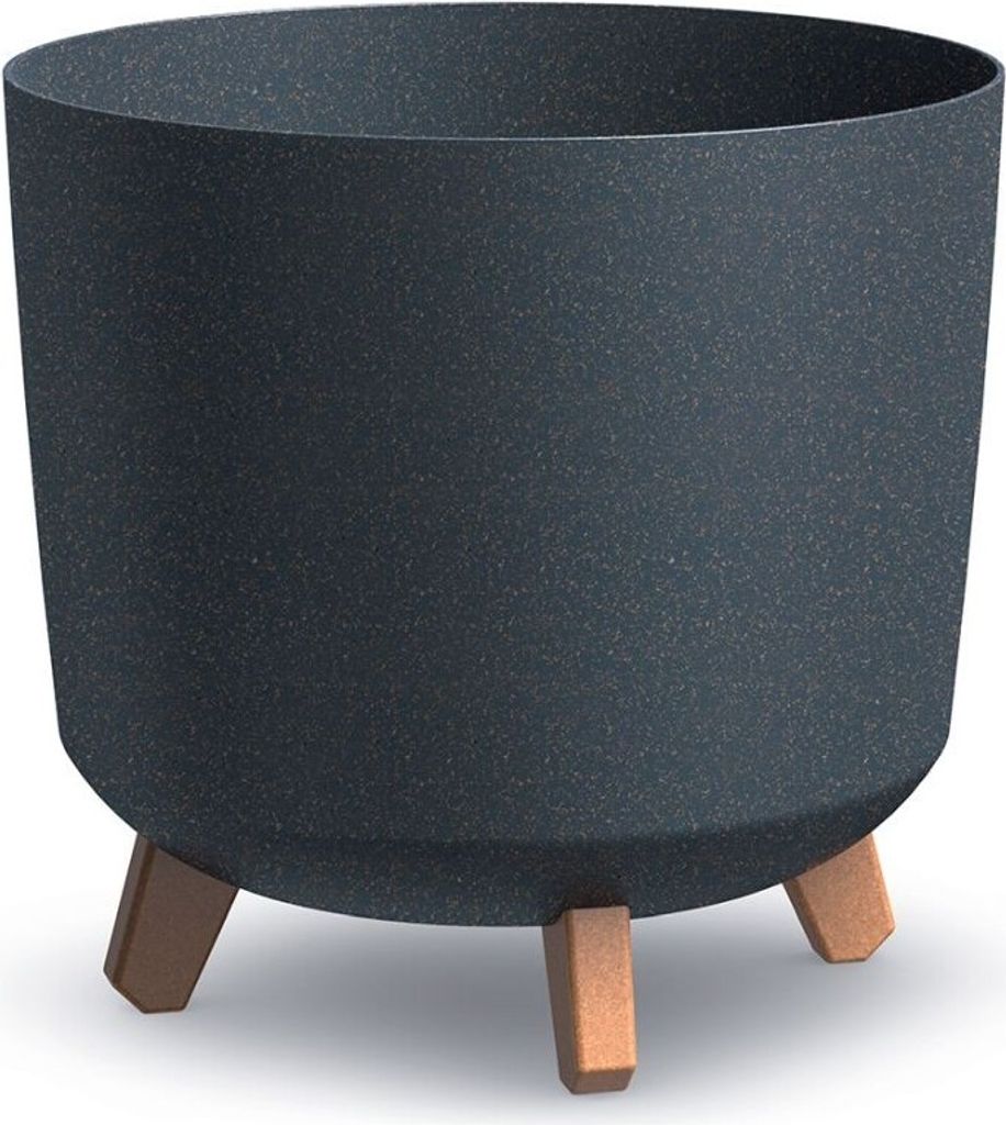 A dark gray speckled planter with three wooden legs.