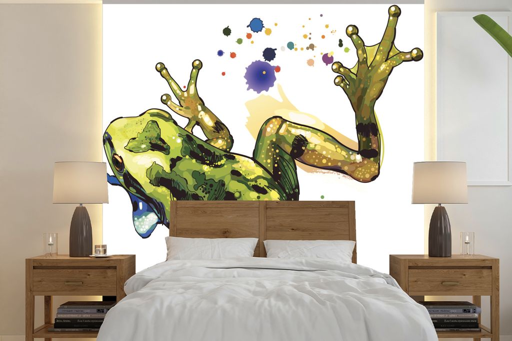 MuchoWow Fototapete für Wohnzimmer oder Schlafzimmer Wandtapete Vinyl Motivtapete Frosch - Aquarell - Weiß - 280x280 cm - Hintergrundbild