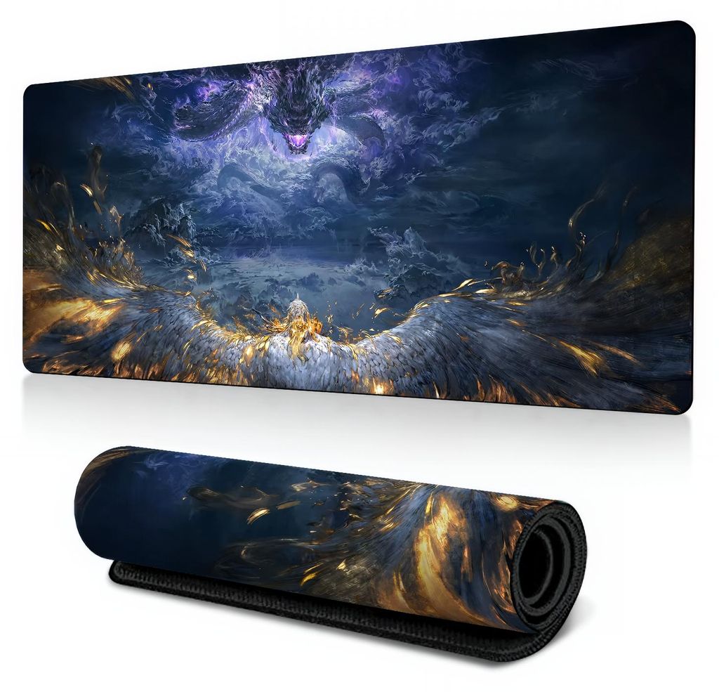 Smok Dragon Xxxl Gaming Mauspad 90X40 Cm – Episches Drachen & Phönix Fantasy Design, Blau-Gold-Lila, Wasserdicht, Rutschfest, Vernähte Kanten