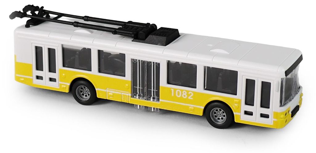 Geel trolleybusmodel, 16 cm, met vliegwiel aandrijving en Productafbeelding 