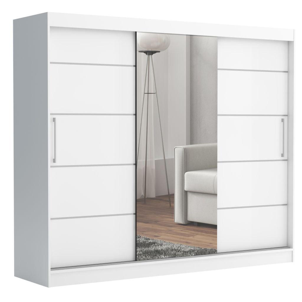 Schwebetürenschrank TOMY, 2-türig Schrank, Weiß, 235 cm Kleiderschrank mit 4 Schubladen, Spiegel, Kleiderstangen und Regalen, ideal für Schlafz...