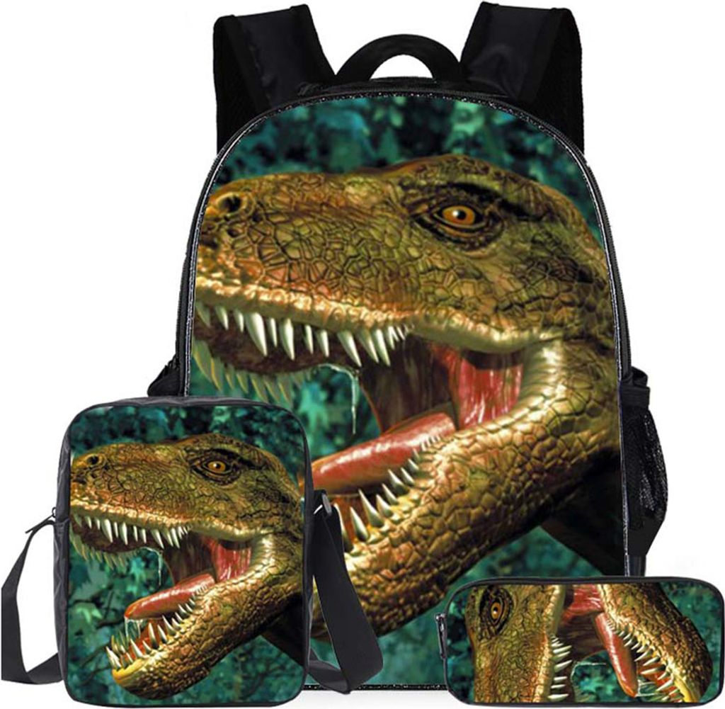 3 Stück Kinder Schulrucksäcke Dinosaurier Print Schultasche Schultertasche mit Lunchbag + Federmäppchen(16 Zoll,Dunkelgrün)