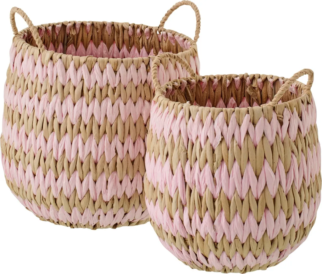Paniers en Jonc de Mer Naturel Tressé à Poignées Rayés Rose J-Line
